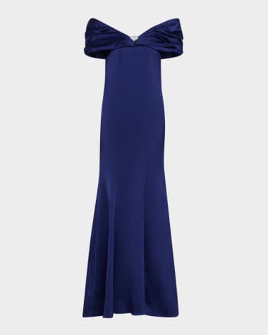 Rickie Freeman for Teri Jon Off-Shoulder Stretch Satin Gown