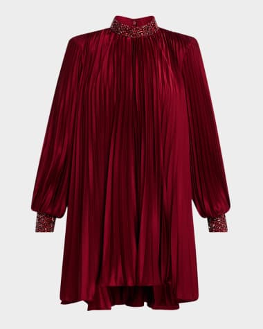 Badgley Mischka Collection Pleated Bead-Embellished Mini Dress