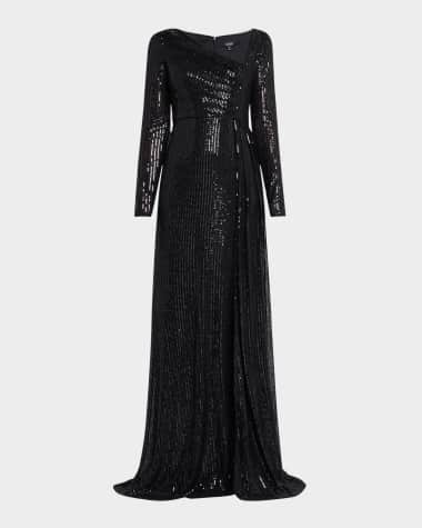Badgley Mischka Collection Draped Sequin Striped Gown