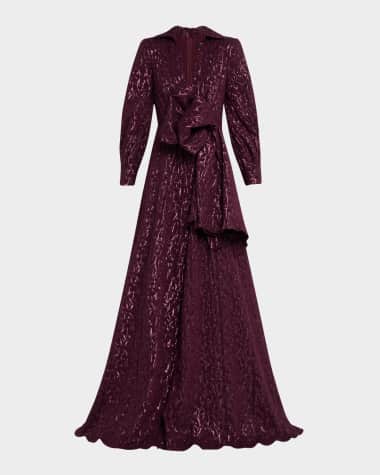 Badgley Mischka Collection Deep V-Neck Metallic Jacquard Bow Gown