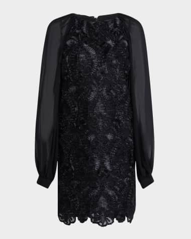 Badgley Mischka Collection Sheer Blouson-Sleeve Ribbon Mini Dress