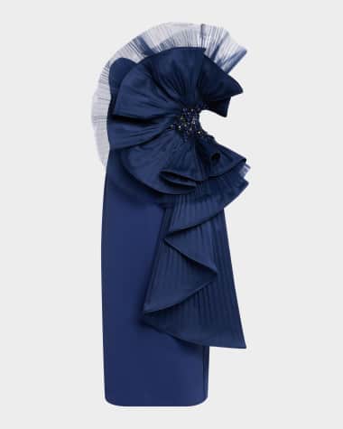 Badgley Mischka Collection Strapless Pleated Fan Midi Sheath Dress