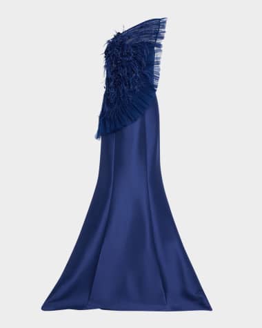 Badgley Mischka Collection Strapless Feather Ruffle Trumpet Gown