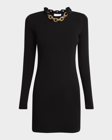 Rabanne Chain-Necklace Long-Sleeve Mini Sweater Dress