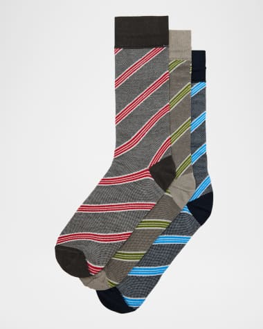 Neiman Marcus Men's Diagonal Stripe 3-Pack Crew Socks