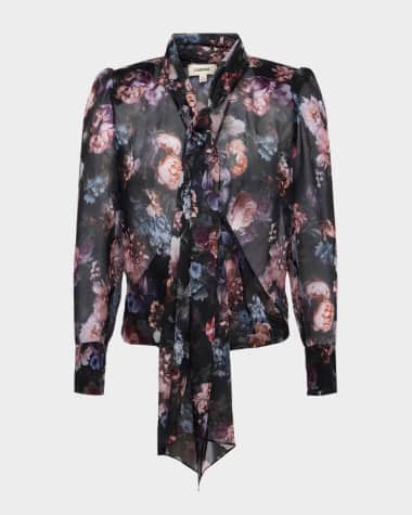 L'Agence Cambria Tie-Neck Floral Silk Blouse