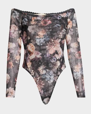 L'Agence Peonie Off-Shoulder Mesh Bodysuit