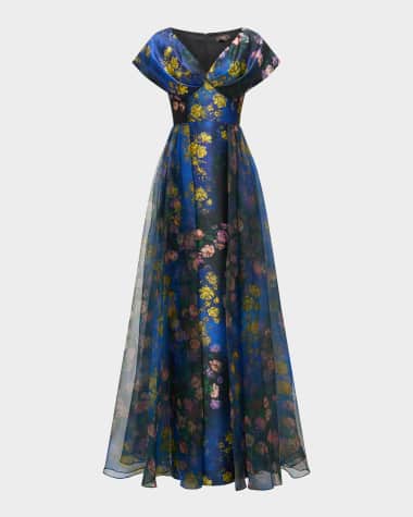 Theia Nadia Floral-Print Empire Gown