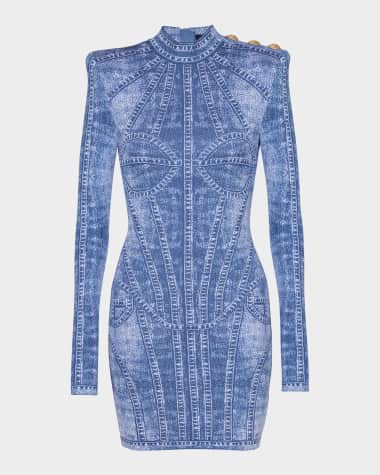 Balmain Denim Trompe Loeil Buttoned Shoulder Mini Dress