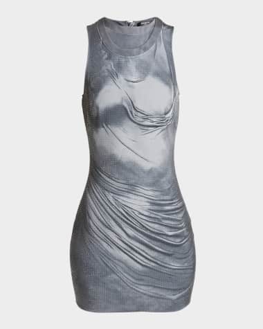 Balmain Draped Trompe Loeil Strass Metallic Mini Dress