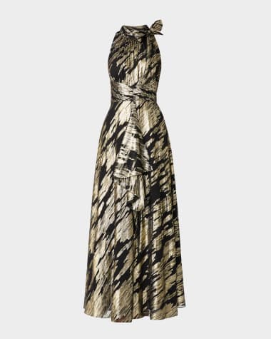 Shoshanna Faye Draped Metallic Jacquard Halter Gown
