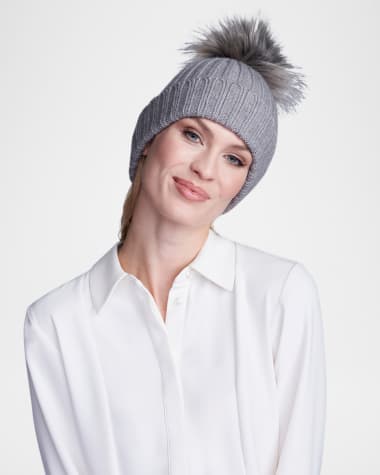 Pia Rossini Kiara Ribbed Faux Fur Pom Pom Beanie