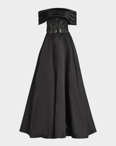 Jovani Pleated Off-Shoulder Lace-Embellished Gown