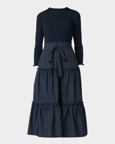Shoshanna Magda Tiered Mixed Media Midi Dress