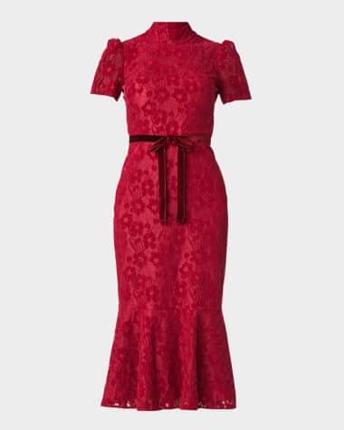 Shoshanna Pierre Mock-Neck Floral Lace Midi Dress