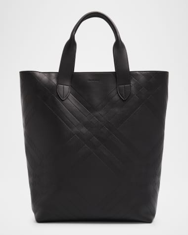 Burberry Men's Embossed Check Leather Tote Bag