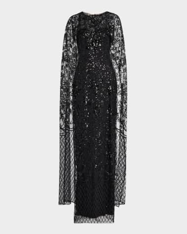 Marchesa Notte Sequin Cape Column Gown
