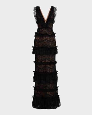 Marchesa Notte Tiered Ruffle-Trim Lace Column Gown