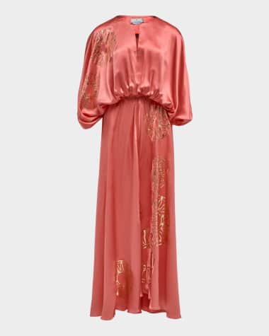 THEMIS Z Iris Metallic-Print Blouson Silk Maxi Dress