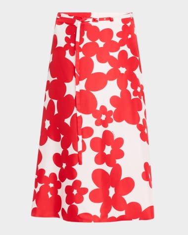 Marni Floral-Print Belted Midi Silk Skirt