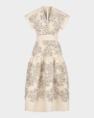 Silvia Tcherassi Metaponto Floral Embroidered Drop-Waist Midi Dress