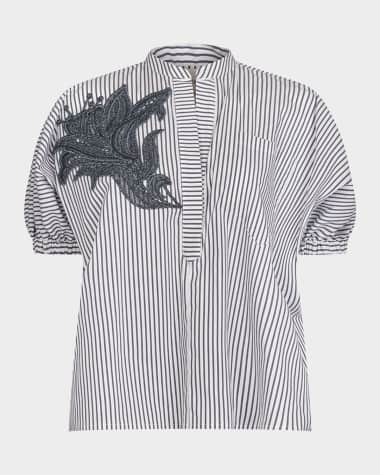 Silvia Tcherassi Susanne Flower-Embellished Puff-Sleeve Striped Blouse
