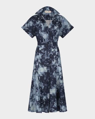 Silvia Tcherassi Noor Tie-Dye Linen Short-Sleeve Midi Shirtdress