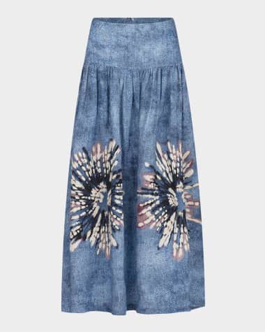 Silvia Tcherassi Abla Flower-Print Linen Drop-Waist Maxi Skirt