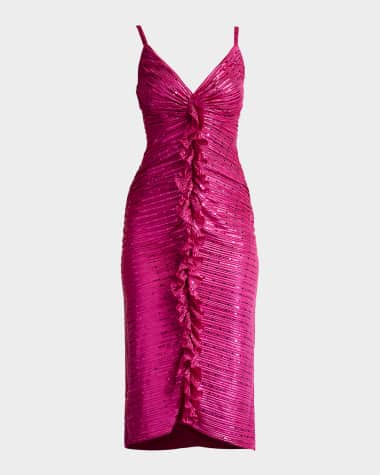SHO by Tadashi Shoji Ruched Ruffle Metallic Midi Dress