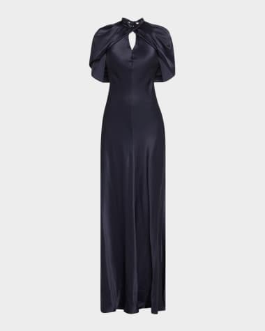 Alberta Ferretti Twisted Cape-Sleeve Open-Back Satin Gown