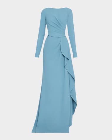 Elie Saab Long-Sleeve Ruffle-Slit Cady Gown