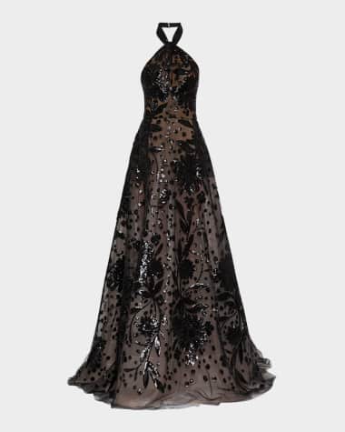 Elie Saab Floral Sequin Tulle Halter Gown