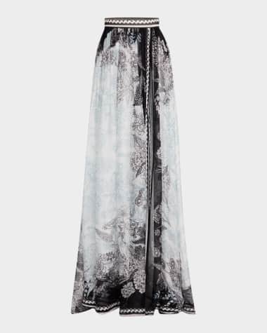 Elie Saab Printed Chiffon Thigh-Slit Maxi Skirt