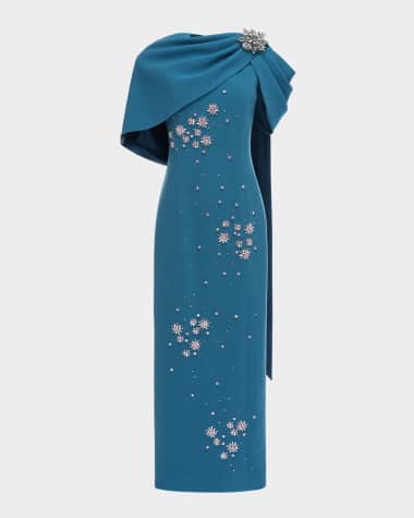 Huishan Zhang Isolde Crystal Draped Cape Column Gown