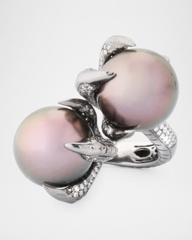 Belpearl 18K White Gold and Black Rhodium Tahitian Pearl Ring with Diamonds, Size 7