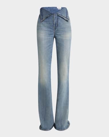 McQueen Foldover-Waist Denim Flare Trousers
