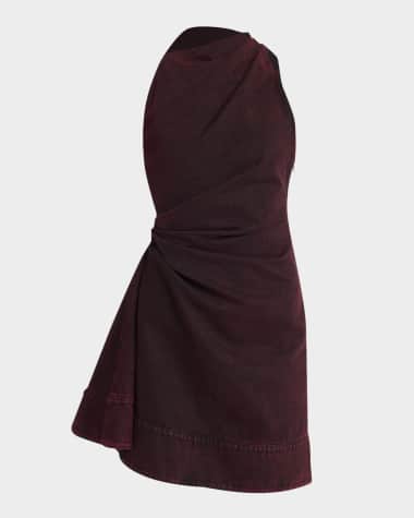 McQueen Red-Wash Denim Draped Sleeveless Mini Dress