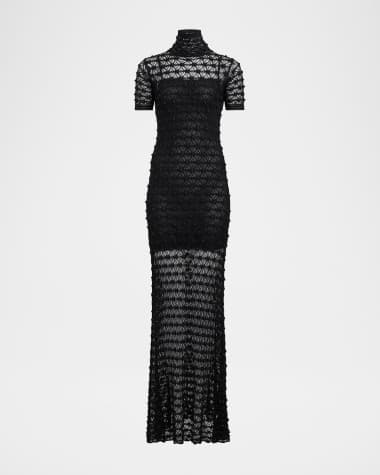 ALAIA Mock-Neck Short-Sleeve Sheer Lace Gown
