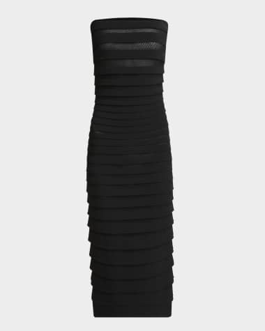 ALAIA 3D Stripe Mesh Knit Strapless Midi Dress