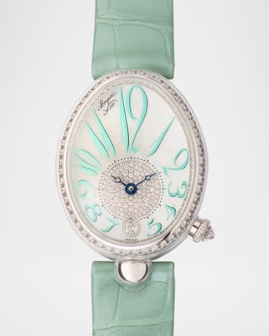 Breguet 18K White Gold 28.5mm Reine de Naples Diamond Watch with Green Alligator Strap