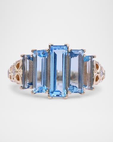 Stephen Dweck 18K Yellow Gold Baguette Swiss Blue Topaz Statement Ring with Diamonds