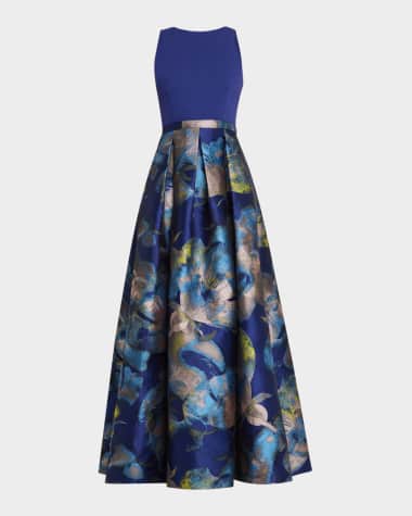 Aidan Mattox Pleated Metallic Floral Jacquard Gown