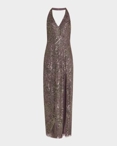 Aidan Mattox Beaded Side-Slit Halter Gown