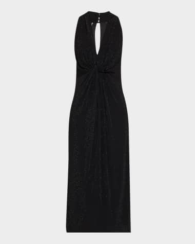 Ungaro Twist-Front Rhinestone Midi Dress