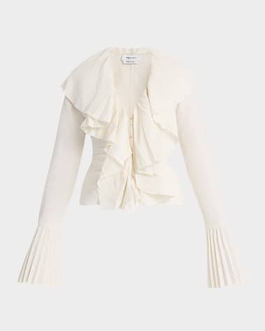 McQueen Long-Sleeve V-Neck Pleated Ruffle Blouse