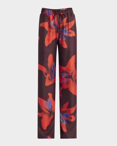 McQueen Lily-Print Silk Wide-Leg Pull-On Trousers