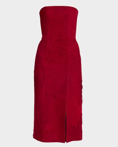 McQueen Strapless Textured Suede Slit Midi Dress