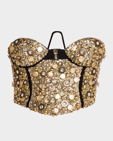 AREA Strapless Crystal Button Embellished Crop Bustier