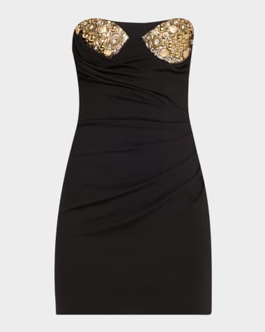 AREA Crystal Button Cluster Embroidered Draped Mini Dress