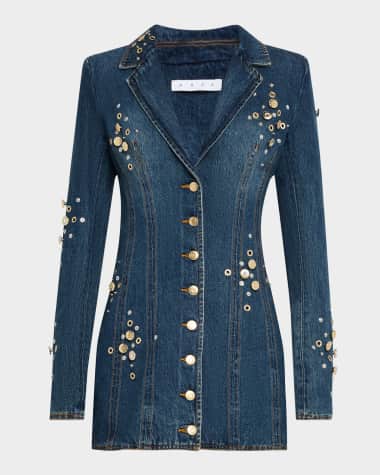 AREA Crystal Button Studded Denim Mini Blazer Dress